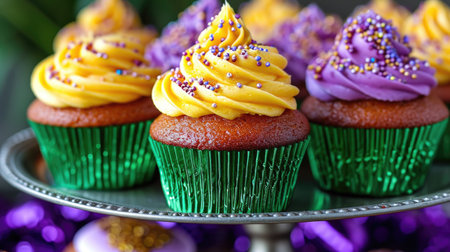 A tray of cupcakes with frosting and sprinkles Mardi Gras green, purple and yellow color decorated cupcakesの素材
