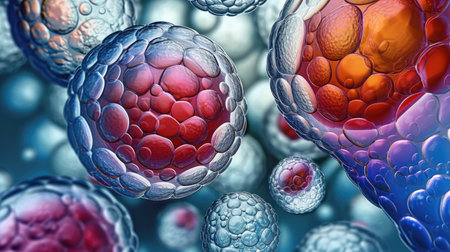 A close up of a bunch of undifferentiated stem cells or cell culture cells producing antibodiesの素材