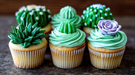 A group of cupcakes with green frosting and flowers, cupcakes decorated as succulents and cactus plants.の素材