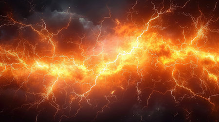 A picture of a lightning storm in the sky, digital background, wallpaper, in orange and blackの素材