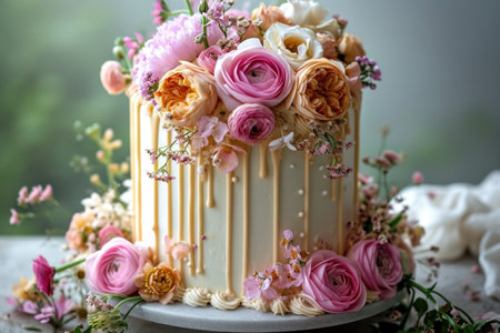 A white cake with pink and yellow flowers on topの素材
