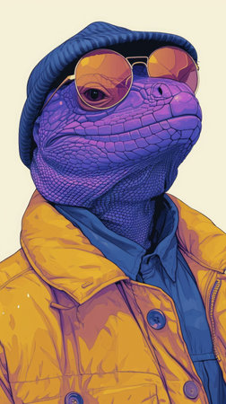 A lizard wearing a hat and sunglassesの素材