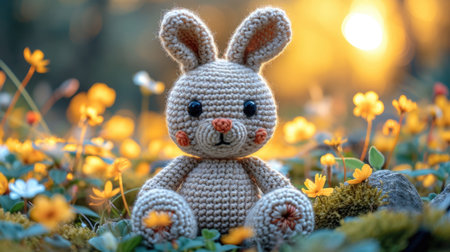 A crocheted bunny sitting in a field of flowers, handcrafted knitted miniature toy.の素材
