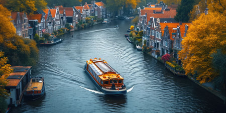 A boat traveling down a river next to housesの素材