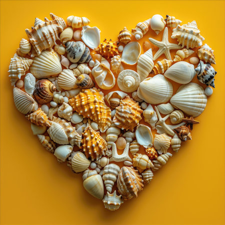 A heart made of shells on a yellow backgroundの素材