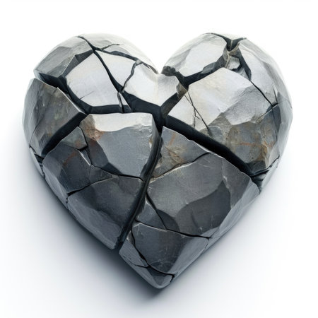 A broken stone heart on a white surfaceの素材