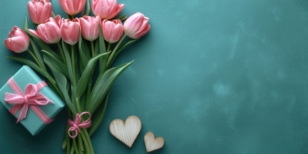 A bouquet of pink tulips and a gift box with copy-space, place for textの素材