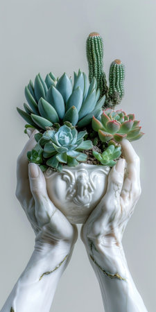 Two hands holding a ceramic planter with succulents in itの素材