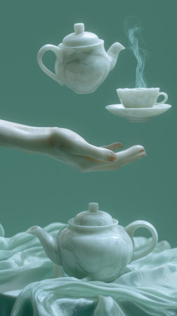 Marble hand of a statue holding a tea pot and a cup. Whimsical surreal monochromatic composition with hands and porcelainの素材