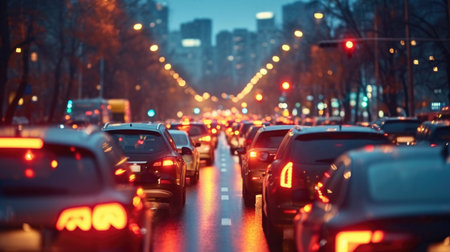 A city street filled with lots of traffic at night, heavy traffic, traffic jam.の素材