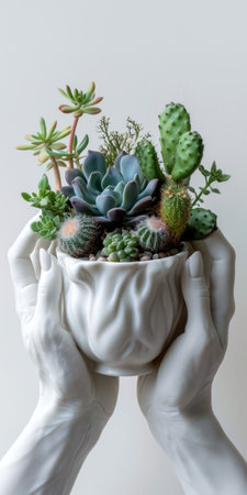 A person holding a white bowl with succulents in itの素材