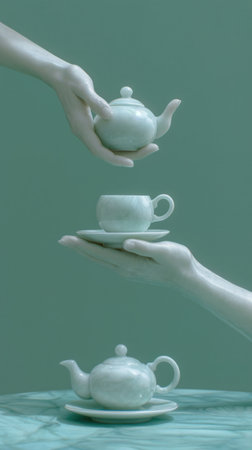 Two hands holding a teapot and two cups on a table, whimsical surreal monochromatic composition with marble handsの素材