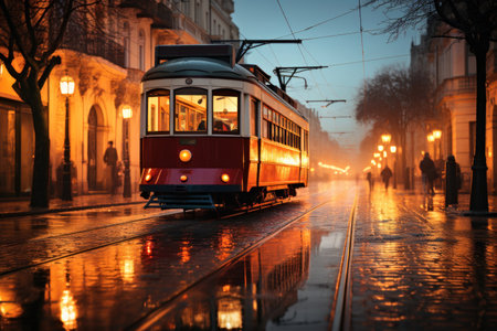 A red and white trolley on a city streetの素材