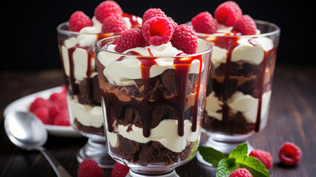 Three desserts with raspberries and whipped cream, Valentines Day dessertsの素材