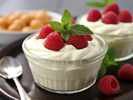 Two small bowls of dessert with raspberries on top, Valentines day desserts.の素材