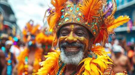 A man in a colorful headdress with feathers on his head, Mardi Gras carnival festive costumeの素材