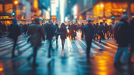 A group of people walking across a street at night, motion blur, city street background with blurred unrecognizable peopleの素材