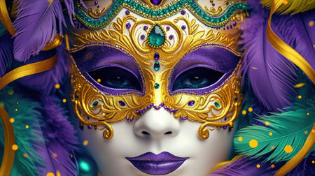 A close up of a mask with feathers, Mardi Gras background with purple, green and golden colors.の素材