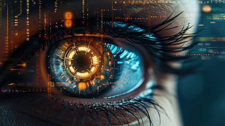 A close up of a persons eye with a clock on it, cyborg enhancement, digital camera in the eye with electronic symbols aroundの素材