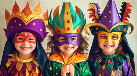 Three little girls wearing mardi gras masks, Mardi Gras children carnivalの素材