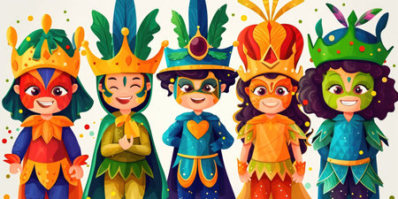 A group of children dressed up in colorful costumes, Mardi Gras children carnivalの素材