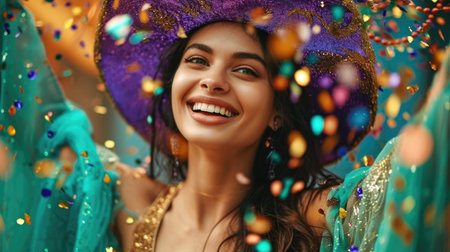 A woman wearing a purple hat and green dress, young woman in costume celebrating Mardi Gras carnival.の素材