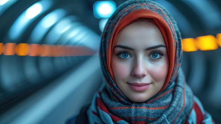 A woman wearing a scarf and a headscarfの素材