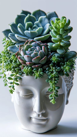 A white ceramic head planter with succulents in itの素材