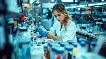 A woman in a lab coat working in research laboratoryの素材