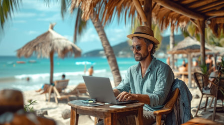 A man sitting at a table with a laptop in exotic locationの素材
