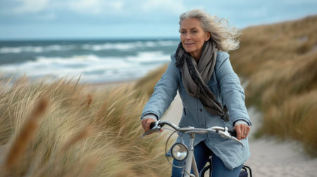 A middle-aged woman riding a bike down a path next to the oceanの素材