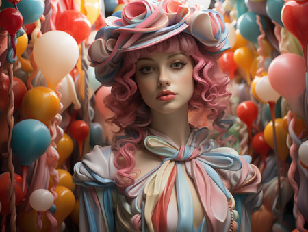 A mannequin dressed in a colorful dress surrounded by balloonsの素材