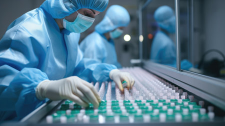 Draped in protective coveralls, a worker oversees a conveyor belt with medications in a clean roomの素材