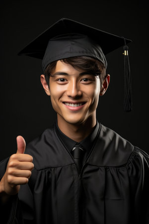 A man in a graduation cap and gown giving a thumbs upの素材