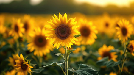 A field of sunflowers with the sun setting in the backgroundの素材
