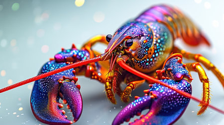 A brightly colored lobster on a white surface, Mardi Gras crawfish.の素材