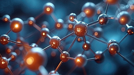 A close up of a bunch of metallic balls, chemical background with molecular structure.の素材