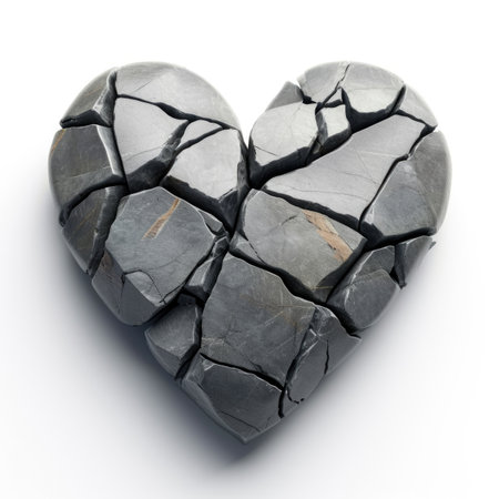 A broken stone heart on a white surfaceの素材