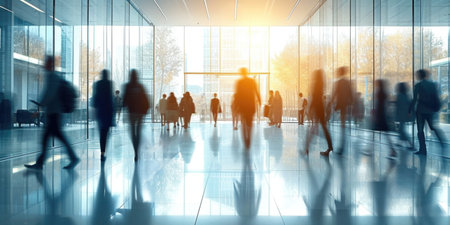 A group of people walking through a lobby, motion blur, blurred unrecognizable people, commuters.の素材