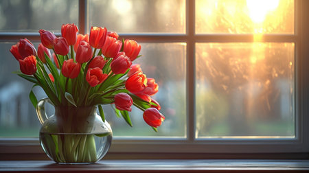 A vase filled with red tulips sitting on a window sillの素材