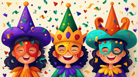 A group of three people wearing carnival costumes, Mardi Gras children carnivalの素材