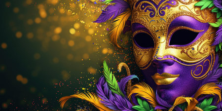 A close up of a purple and gold mask, Mardi Gras background with purple, green and golden colors.の素材