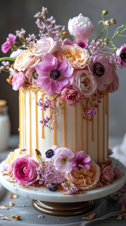 A close up of a cake with flowers on itの素材