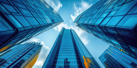 A group of skyscrapers with a blue sky in the backgroundの素材