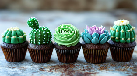 A group of cupcakes with different colored frosting, cupcakes decorated as succulents and cactus plants.の素材