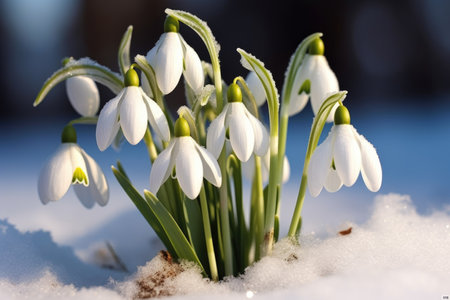 A bunch of snowdrops in the snow, early spring flowers, snowdrops.の素材