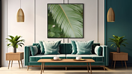 A living room with a green couch and a coffee tableの素材