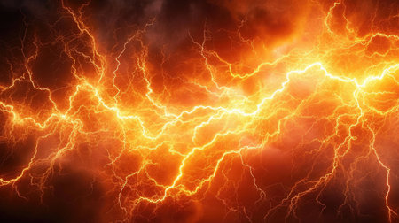 A close up of lightning in the sky, digital background, wallpaper, in orange and blackの素材
