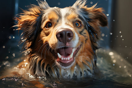 A brown and white dog is in the waterの素材