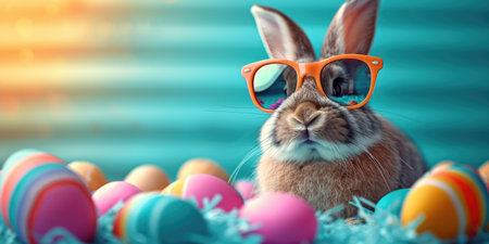 A rabbit wearing glasses sitting among easter eggsの素材